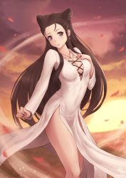 Rule 34 | 1girl, artist name, bare legs, bare shoulders, black nails, blush, borrowed character, breasts, brown hair, cleavage, closed mouth, collarbone, dress, earrings, expressionless, gem, glint, hananon, hand on own chest, head tilt, horizon, jewelry, lips, long hair, looking at viewer, medium breasts, nail polish, necklace, ocean, original, outdoors, pendant, petals, purple eyes, rose petals, signature, solo, sparkle, standing, sun, sunlight, thighs, very long hair, water, white dress, wind
