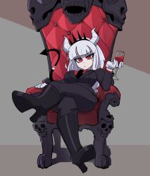 Rule 34 | 1girl, alcohol, breasts, chair, commentary, cup, demon girl, demon horns, demon tail, drinking glass, english commentary, gloves, helltaker, highres, horns, large breasts, long hair, looking at viewer, lucifer (helltaker), mole, mole under eye, muds, muds (tentacles r us), necktie, red eyes, red shirt, shirt, sitting, solo, tail, white hair, white horns, wine, wine glass
