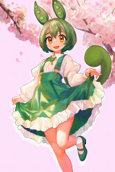 Rule 34 | 1girl, :d, absurdres, animal ears, branch, cherry blossoms, collared shirt, curtsey, frilled skirt, frills, green footwear, green hair, green skirt, high-waist skirt, highres, juliet sleeves, legs, long sleeves, looking at viewer, mary janes, open mouth, orange eyes, ponytail, puffy sleeves, shirt, shoes, short hair with long locks, skirt, smile, socks, solo, standing, standing on one leg, suspender skirt, suspenders, tail, tsukiyono aroe, voicevox, white background, white shirt, zundamon
