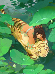 Rule 34 | 1girl, absurdres, animal, bare legs, barefoot, bell, bent over, black hair, black sclera, blunt bangs, colored sclera, copyright request, day, fish, from above, hair bell, hair ornament, hair ribbon, highres, jingle bell, leaf, long sleeves, nature, outdoors, outstretched arms, pond, red ribbon, ribbon, riding, robe, sash, sidelocks, sideways glance, sitting, smile, swimming, tiger, tress ribbon, updo, water, wide sleeves, xiang wan wei wan, yellow eyes