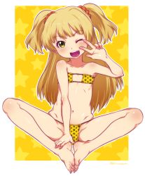 Rule 34 | 10s, 1girl, ;d, barefoot, bikini, blonde hair, butterfly sitting, child, eyepatch bikini, feet, feet together, flat chest, green eyes, hands on feet, highres, idolmaster, idolmaster cinderella girls, jougasaki rika, long hair, mudou eichi, navel, one eye closed, open mouth, sitting, smile, solo, star (symbol), star print, starry background, swimsuit, toes, twintails, two side up, v over eye