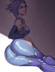 Rule 34 | 1girl, absurdres, artist request, ass, bare shoulders, blue hair, blue thighhighs, bodysuit, breasts, commentary request, frostblade irelia, highres, irelia, league of legends, lips, lying, medium breasts, on side, purple eyes, shadow, short hair, signature, simple background, smile, solo, thick thighs, thighhighs, thighs, white background
