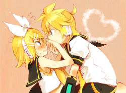 Rule 34 | 1boy, 1girl, blonde hair, blush, bow, brother and sister, covering another&#039;s mouth, detached sleeves, hair bow, hair ornament, hairclip, hand over another&#039;s mouth, hand over mouth, headphones, heart, kagamine len, kagamine rin, profile, sailor collar, short hair, siblings, striped, striped background, twins, vocaloid, yukkii