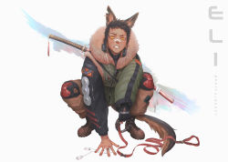 Rule 34 | 1boy, animal ears, ankle boots, arm rest, arm support, bandages, bandaid, bandaid on face, bandaid on nose, between fingers, black gloves, black hair, blood, boots, brown footwear, brown pants, clenched teeth, collar, unworn collar, commentary, cross-laced footwear, dark-skinned male, dark skin, dog boy, dog ears, dog tags, dog tail, drawstring, ear notch, earrings, english commentary, facial scar, fingerless gloves, fingernails, full body, fur-trimmed jacket, fur trim, furrowed brow, gloves, green jacket, headphones, headphones around neck, holding, holding collar, holding leash, jacket, jewelry, katana, knee pads, leash, long sleeves, looking at viewer, male focus, mouth hold, original, outstretched arm, pants, paul nong, ring, scar, scar across eye, scar on cheek, scar on face, short hair, simple background, single earring, single glove, solo, spread fingers, squatting, sword, sword behind back, tail, tassel, teeth, teeth hold, weapon, white background, yellow eyes