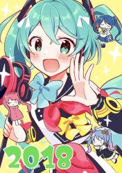 2018 4girls :d ai_kotoba_iii_(vocaloid) aoiyui aqua_eyes aqua_hair bare_shoulders blue_bow blue_hair blush bow detached_sleeves flower hair_flower hair_ornament hatsune_miku headphones highres holding long_hair looking_at_viewer magical_mirai_(vocaloid) magical_mirai_miku magical_mirai_miku_(2018) megaphone microphone_wand multicolored_hair multiple_girls multiple_persona number_tattoo open_mouth pink_hair red_bow smile song_request songover sparkle_background tattoo twintails very_long_hair vocaloid year_connection yellow_background yellow_bow