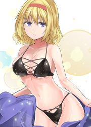 Rule 34 | 1girl, alice margatroid, bikini, black bikini, blanket, blonde hair, blue eyes, breasts, hairband, highres, hip focus, holding, holding blanket, large breasts, navel, one-hour drawing challenge, parted lips, patterned background, pink lips, shiny skin, solo, sparkle, stomach, swimsuit, thighs, touhou, white background, y2