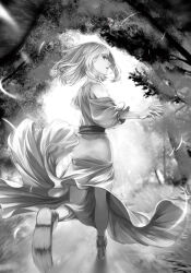 1girl bare_shoulders dress fata_morgana_no_yakata floating_hair greyscale highres leg_up looking_back medium_hair monochrome motion_blur moyatarou non-web_source novel_illustration official_art outdoors running solo the_white-haired_girl_(fata_morgana_no_yakata) tree