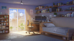 Rule 34 | 3d, balcony, bed, bed sheet, bedroom, blue sky, book, building, calendar (object), ceiling fan, chair, city, cloud, contrail, day, desk, desk lamp, highres, indoors, keyboard (computer), lamp, mixed-language commentary, monitor, original, picture frame, pillow, plant, potted plant, scenery, shadow, shelf, sitai xiii, sky, skyscraper, sliding doors, watermark, window, wooden floor