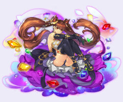 Rule 34 | 1girl, ass, blush, boots, breasts, brown hair, cloud, crystal, detached sleeves, earrings, full body, gold, gurimjang, highres, jewelry, large breasts, long hair, looking at viewer, original, purple clouds, red eyes, simple background, skirt, twintails