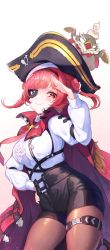 Rule 34 | 1girl, absurdres, bald eagle, bicorne, bird, black shorts, blush, breasts, cape, cosplay, eagle, hand on own hip, hat, highres, hololive, houshou marine, jacket, large breasts, long hair, looking at viewer, necktie, pantyhose, pirate, red eyes, red hair, red necktie, shirt, shorts, smile, solo, takane lui, takane lui (cosplay), thigh strap, twintails, virtual youtuber, white background, white shirt, yoru (yorjang2)