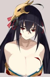 Rule 34 | 1girl, ahoge, azur lane, bad id, bad twitter id, bare shoulders, black hair, bleeding, blood, blood on breasts, blood on face, breasts, cleavage, closed mouth, collarbone, crossed bangs, empty eyes, grey background, hair between eyes, hair ribbon, half-closed eyes, head tilt, highres, injury, japanese clothes, kimono, large breasts, long hair, looking at viewer, mask, mask on head, off shoulder, red eyes, red kimono, red ribbon, ribbon, rrr ato, simple background, smile, solo, striped ribbon, taihou (azur lane), torn clothes, twintails, very long hair, yandere