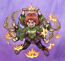 Rule 34 | 1girl, black eyes, dkirbyj, drumsticks, freckles, grey skirt, holding, holding drumsticks, jacket, kim pine, multicolored clothes, multicolored jacket, open mouth, pantyhose, red hair, scott pilgrim (series), short hair, signature, skirt, solo, two-tone jacket, zipper pull tab