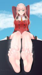 Rule 34 | 1girl, arms behind head, barefoot, blush, chikora, darling in the franxx, feet, green eyes, highres, long hair, parted lips, pink hair, soles, steam, toes, zero two (darling in the franxx)