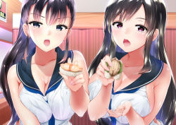 Rule 34 | 2girls, amasora taichi, between breasts, blue neckwear, blue sailor collar, blurry, blurry foreground, breasts, breasts squeezed together, brown hair, cleavage, collarbone, commentary request, depth of field, feeding, fingernails, food, hair between eyes, heart, heart-shaped pupils, holding, holding food, incoming food, indoors, large breasts, long hair, multiple girls, nail polish, necktie, necktie between breasts, open mouth, original, pink nails, pov feeding, purple eyes, sailor collar, sailor shirt, shirt, sidelocks, sushi, symbol-shaped pupils, teeth, upper teeth only, very long hair, white shirt