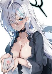 Rule 34 | 1girl, aqua eyes, black choker, black dress, blue archive, blue eyes, breasts, choker, cleavage, cross hair ornament, cupping hands, dress, hair ornament, hair over one eye, halo, highres, kuroshiro kanae, large breasts, long hair, long sleeves, looking at viewer, mismatched pupils, own hands together, petals, petals on liquid, shiroko (blue archive), shiroko terror (blue archive), simple background, solo, upper body, very long hair, white background