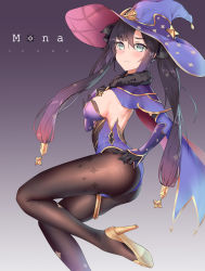 Rule 34 | 1girl, absurdres, artist name, ass, black gloves, black hair, black pantyhose, blush, breasts, capelet, character name, closed mouth, detached sleeves, genshin impact, gloves, gold footwear, green eyes, hair ornament, hair ribbon, hat, high heels, highres, leotard, long hair, looking at viewer, medium breasts, mona (genshin impact), pantyhose, purple leotard, ribbon, sideboob, solo, sparkle print, sweatdrop, thighlet, thighs, twintails, witch hat, yun (1735226079)
