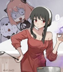 Rule 34 | ..., 2girls, ahoge, anya (spy x family), bare shoulders, black bow, black bowtie, black hair, blush, bond (spy x family), bow, bowtie, breasts, cleavage, collarbone, cooking pot, dango (uni 520), dog, dress, earrings, hairband, hand on own hip, highres, jewelry, ladle, medium breasts, mother and daughter, multiple girls, off-shoulder dress, off shoulder, open mouth, pink hair, red eyes, red sweater, sidelocks, spoken ellipsis, spy x family, surprised, sweatdrop, sweater, sweater dress, trembling, twitter username, white hairband, wide-eyed, yor briar