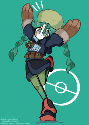 Rule 34 | 1girl, absurdres, arms up, black footwear, black skirt, blue pupils, blush stickers, boots, braid, brown mittens, closed mouth, commentary request, creatures (company), full body, fur hat, game freak, green background, green eyes, green hair, green hat, green pantyhose, hat, highres, jacket, leg up, long hair, mittens, nintendo, notice lines, pantyhose, poke ball symbol, pokemon, pokemon legends: arceus, sabi (pokemon), skirt, smile, solo, twin braids, twintails, umetubo