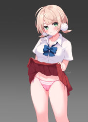 Rule 34 | 1girl, blue bow, blue bowtie, blush, bow, bowtie, breasts, closed mouth, clothes lift, collarbone, collared shirt, commentary request, eyelashes, feet out of frame, festa11307070, gradient background, green eyes, grey background, head tilt, indie virtual youtuber, large breasts, lifted by self, light brown hair, looking at viewer, medium hair, panties, pink panties, pleated skirt, red skirt, school uniform, shigure ui (vtuber) (2nd costume), shigure ui (vtuber), shirt, short sleeves, side-tie panties, skirt, skirt lift, smile, solo, standing, thighs, underwear, virtual youtuber, white shirt