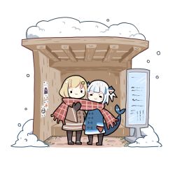 Rule 34 | 2girls, adapted costume, black mittens, blonde hair, blue coat, blue hair, blunt bangs, blush, blush stickers, boots, brown coat, bus stop, chibi, closed mouth, coat, commentary, fins, fish tail, full body, gawr gura, hair ornament, highres, hollow eyes, hololive, hololive english, looking at viewer, mittens, multicolored hair, multiple girls, plaid, plaid scarf, red mittens, red scarf, scarf, shared clothes, shared scarf, shark hair ornament, shark tail, short hair, short twintails, silver hair, smile, snow, snowing, standing, streaked hair, symbol-only commentary, tail, takeru (hashiru11275), twintails, two-tone hair, virtual youtuber, watson amelia, winter clothes