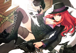 Rule 34 | 1girl, alternate costume, bad id, bad pixiv id, black thighhighs, boots, breasts, bullet, choker, cleavage, crazyzoe, crime city miss fortune, cross-laced footwear, crossed legs, dual wielding, explosive, formal, garter straps, grenade, gun, gusin (artist), hat, high heels, holding, jacket, jewelry, knee boots, league of legends, lens flare, long hair, lying, miss fortune (league of legends), money, nail polish, pinstripe pattern, pinstripe suit, red eyes, red hair, shoes, skirt, skirt suit, solo, striped, suit, thighhighs, weapon