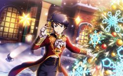 Rule 34 | 1boy, blue eyes, blue hair, christmas ornaments, christmas tree, decorations, frilled sleeves, frills, gloves, headset, highres, idol, idolmaster, idolmaster side-m, idolmaster side-m live on stage!, long sleeves, male focus, official art, smile, snow, spotlight, taiga takeru, white gloves, window