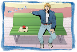 Rule 34 | 10s, 1boy, apple, bad id, bad pixiv id, bench, blonde hair, blue eyes, blue jacket, bomber jacket, denim, english text, food, fruit, jacket, jeans, keith goodman, lovely4569, male focus, pants, shoes, short hair, sneakers, solo, tiger &amp; bunny