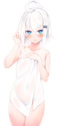 Rule 34 | 1girl, ahoge, blue eyes, blush, breasts, collarbone, commentary request, hair between eyes, hair ornament, hairclip, highres, looking at viewer, naked towel, original, otokuyou, ringo-chan (otokuyou), short hair, simple background, small breasts, solo, towel, tsurime, white background, white hair