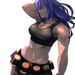 Rule 34 | 1girl, 6maker, ammunition belt, bare shoulders, blue eyes, blue hair, breasts, hair down, hand up, highres, large breasts, leona heidern, medium breasts, midriff, muscular, muscular female, navel, simple background, sleeveless, solo, tank top, the king of fighters, the king of fighters xiii, toned, white background