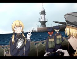 Rule 34 | 4girls, any (lucky denver mint), aqua eyes, backpack, bag, bismarck (kancolle), blonde hair, blue coat, blue sky, cellphone, cloud, coat, commentary request, day, hat, unworn hat, unworn headwear, highres, horizon, kantai collection, letterboxed, lighthouse, long hair, low twintails, multiple girls, ocean, outdoors, peaked cap, phone, prinz eugen (kancolle), railing, scenery, sky, smartphone, twintails, v, z1 leberecht maass (kancolle), z3 max schultz (kancolle)