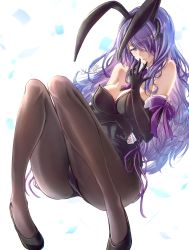 Rule 34 | 1girl, absurdres, alternate costume, animal ears, bare shoulders, black footwear, black gloves, black leotard, black pantyhose, bow, breasts, camilla (fire emblem), card, clear glass (mildmild1311), cleavage, detached collar, elbow gloves, fake animal ears, fire emblem, fire emblem fates, gloves, hair over one eye, highres, holding, holding card, leotard, long hair, looking at viewer, medium breasts, necktie, nintendo, one eye covered, pantyhose, playboy bunny, purple bow, purple hair, purple necktie, rabbit ears, signature, sitting, solo, strapless, strapless leotard, very long hair, wavy hair, white background