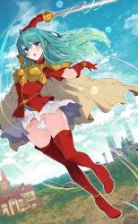 Rule 34 | 1girl, :o, aqua hair, armor, blue eyes, blue sky, boots, bracelet, breastplate, cape, earrings, eirika (fire emblem), fingerless gloves, fire emblem, fire emblem: the sacred stones, gloves, holding, holding sword, holding weapon, jewelry, light particles, long hair, miniskirt, nintendo, open mouth, panties, pantyshot, rapier, red footwear, red gloves, red shirt, red thighhighs, shirt, short sleeves, shoulder armor, skirt, sky, solo, sword, thigh boots, thighhighs, underwear, weapon, white panties, white skirt, yuuri (orz commushows)