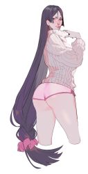 Rule 34 | absurdres, ass, bad id, bad twitter id, blush, dolphin shorts, ear blush, ennuigrl, fate/grand order, fate (series), fingernails, from behind, highres, light smile, long fingernails, long hair, looking back, low-tied long hair, minamoto no raikou (fate), parted bangs, pink headwear, pink lips, pink shorts, purple eyes, purple hair, scrunchie, short shorts, shorts, sweater, very long hair, white background, white sweater