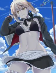 Rule 34 | 1girl, artoria pendragon (all), artoria pendragon (alter swimsuit rider) (fate), artoria pendragon (alter swimsuit rider) (second ascension) (fate), artoria pendragon (fate), bikini, black bikini, black ribbon, blonde hair, blue sky, breasts, bucket, cloud, commentary request, day, eyes visible through hair, fate/grand order, fate (series), frilled bikini, frills, hair ribbon, highres, jacket, kujou (akn2 0928), light smile, looking at viewer, maid, maid bikini, maid headdress, medium breasts, navel, outdoors, pale skin, ribbon, saber alter, short hair, sky, solo, swimsuit, unconventional maid, yellow eyes