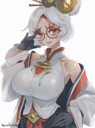 Rule 34 | 1girl, \m/, absurdres, bare shoulders, black gloves, breasts, collarbone, gloves, grey background, hair ornament, hand on own hip, highres, jacket, large breasts, long sleeves, looking at viewer, nintendo, noah (tettsui-sole), open mouth, purah, red-framed eyewear, red eyes, round eyewear, short hair, simple background, smile, solo, the legend of zelda, the legend of zelda: tears of the kingdom, twitter username, white hair, white jacket