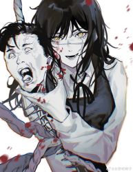 Rule 34 | 1girl, black hair, blood, blood on face, chainsaw man, chinese commentary, chromatic aberration, collared shirt, commentary request, elicooc, facial scar, hand up, highres, intestines, limited palette, long hair, long sleeves, looking at viewer, neck ribbon, open mouth, ribbon, ringed eyes, scar, scar on cheek, scar on face, school uniform, severed head, shirt, simple background, smile, solo, spine, tanaka (chainsaw man), upper body, weibo logo, weibo watermark, white background, white shirt, yellow eyes, yoru (chainsaw man)