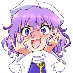 Rule 34 | 1girl, blue eyes, blush, embarrassed, grey hair, hands on own cheeks, hands on own face, hat, lapel pin, letty whiterock, long sleeves, looking at viewer, medium hair, open mouth, purple hair, rakkidei, scarf, short hair, solo, touhou, wavy hair, white background, white hat, white scarf