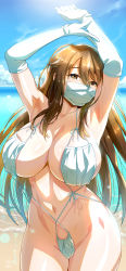 Rule 34 | 1girl, absurdres, armpits, arms up, beach, blue sky, blush, breasts, brown eyes, brown hair, cleavage, collarbone, commentary request, covered mouth, cowboy shot, day, elbow gloves, ge xi, gloves, hair between eyes, highres, large breasts, long hair, looking at viewer, makeshift swimsuit, mask, mask bikini, mask on breasts, mask on groin, mouth mask, ocean, original, outdoors, sky, slingshot swimsuit, solo, stomach, surgical mask, swimsuit, very long hair, water, white gloves