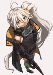 Rule 34 | 1girl, ahoge, black gloves, black jacket, blush, breasts, commentary request, girls&#039; frontline, gloves, goggles, gun, hair between eyes, holding, jacket, knife, long hair, looking at viewer, machine gun, onyanpi, pkp (girls&#039; frontline), side ponytail, silver hair, ski goggles, solo, thighhighs, very long hair, weapon, yellow eyes