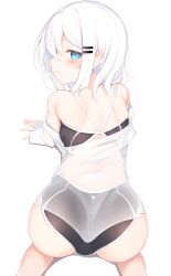 Rule 34 | 1girl, all fours, ass, back, bare shoulders, black one-piece swimsuit, blue eyes, blush, hair ornament, hairclip, highres, looking at viewer, medium hair, one-piece swimsuit, original, otokuyou, ringo-chan (otokuyou), see-through, solo, swimsuit, white background