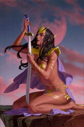 Rule 34 | 1girl, barsoom, black hair, breasts, cape, clothing request, cloud, colored skin, dejah thoris, highres, holding, holding sword, holding weapon, kneeling, long hair, medium breasts, moon, outdoors, pasties, pelvic curtain, pink skin, purple cape, red moon, sandals, solo, sword, tiara, weapon, yoon junggeun