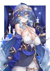 Rule 34 | 1girl, absurdres, bare shoulders, black gloves, blue hair, blue hood, breasts, bright pupils, claw ring, cleavage, detached sleeves, drill hair, drill sidelocks, eminya 27, genshin impact, gloves, gold trim, hair between eyes, highres, hood, jewelry, large breasts, layla (genshin impact), long hair, long sleeves, looking at viewer, parted lips, pointy ears, puffy sleeves, sidelocks, solo, very long hair, white pupils, yellow eyes