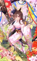 Rule 34 | 2girls, alternate costume, animal ears, arms up, black headwear, breasts, bridge, brown hair, cherry blossoms, day, floral print, grass, hair over one eye, haru urara (umamusume), hat, horse ears, horse girl, horse tail, in tree, japanese clothes, kimono, long hair, long sleeves, looking at viewer, multiple girls, obi, open mouth, outdoors, pink kimono, purple eyes, rice shower (umamusume), sandals, sash, sitting, sitting in tree, small breasts, smile, soles, standing, streamers, tabi, tail, tree, umamusume, wide sleeves, yomean!, yukata, zouri