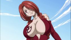 Rule 34 | 1girl, blush, breast tattoo, breasts, chest tattoo, cleavage, crying, eyes visible through hair, fairy tail, female focus, flare corona, large breasts, long hair, looking down, red eyes, red hair, scar, screencap, solo, tattoo, tears, third-party edit