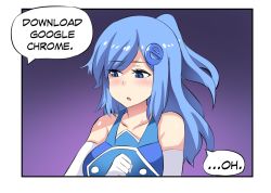 Rule 34 | 1girl, bare shoulders, blue eyes, blue hair, collarbone, comic, disappointed, elbow gloves, english text, gloves, gradient background, hair ornament, highres, internet explorer, long hair, looking away, open mouth, original, osiimi, personification, purple background, solo, speech bubble, upper body