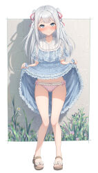 Rule 34 | 1girl, bare legs, blue dress, blue eyes, blush, bow, bow panties, clothes lift, commentary request, dress, dress lift, feet, frilled dress, frilled panties, frills, full body, grey hair, hair ribbon, highres, kamuchin soda, legs, lifting own clothes, long hair, looking at viewer, original, panties, pink panties, ribbon, sandals, smile, solo, toenails, toes, two side up, underwear
