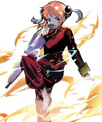 Rule 34 | 1girl, barefoot, blue eyes, chinese clothes, cofffee, double bun, fighting stance, fire, flat chest, flats, foot out of frame, gintama, hair bun, hair ornament, holding, holding umbrella, kagura (gintama), knee up, long sleeves, mandarin collar, orange hair, pants, red pants, red shirt, shirt, sidelocks, solo, tassel, tassel hair ornament, umbrella, white background