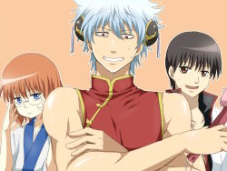 Rule 34 | 1girl, 2boys, alternate hairstyle, black hair, brown eyes, chinese clothes, cosplay, costume switch, double bun, gintama, glasses, japanese clothes, kagura (gintama), kagura (gintama) (cosplay), maruki (punchiki), multiple boys, muscular, red eyes, sakata gintoki, sakata gintoki (cosplay), shimura shinpachi, shimura shinpachi (cosplay), short hair, silver hair
