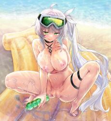 Rule 34 | 1girl, absurdres, ahoge, air mattress, barefoot, bikini, breasts, cameltoe, censored, cleavage, commission, feet, green eyes, grey hair, hair ornament, highres, indie virtual youtuber, kiyama satoshi, large areolae, large breasts, legs, long hair, looking at viewer, lotion, micro bikini, mosaic censoring, navel, nipples, pussy, rimuchi (vtuber), side ponytail, skeb commission, smile, solo, spread legs, squatting, swimsuit, tiptoes, toenails, toes, tongue, tongue out, virtual youtuber