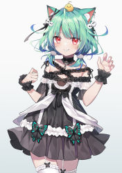 Rule 34 | 1girl, absurdres, animal, animal ear fluff, animal ears, animal on head, bird, bird on head, black choker, black dress, blue hair, cat ears, choker, claw pose, commentary request, cowboy shot, dress, ear piercing, frilled dress, frilled thighhighs, frills, garter straps, gradient hair, green hair, hair ornament, hands up, highres, hololive, long hair, looking at viewer, multicolored hair, nail polish, on head, piercing, pink nails, piyoko (uruha rushia), pom pom (clothes), pom pom hair ornament, red eyes, shiroraku, short sleeves, short twintails, simple background, skull hair ornament, smile, solo, standing, thighhighs, twintails, uruha rushia, uruha rushia (3rd costume), virtual youtuber, white thighhighs, wrist cuffs